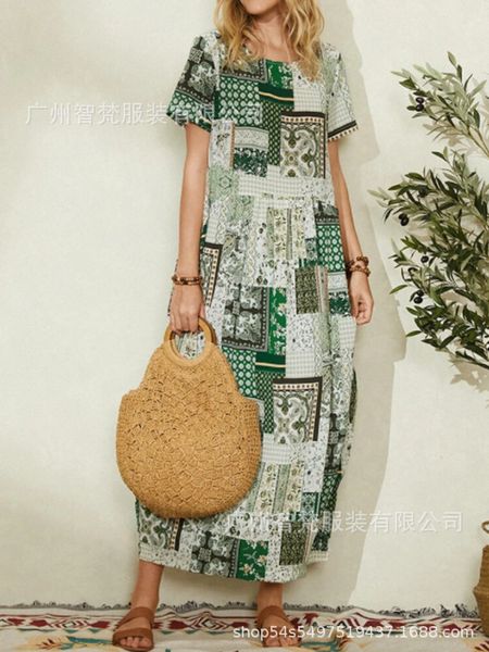

boutique dress 2021 spring and summer fashion urban leisure pastoral style printed pullover short sleeve side pocket for women, Black;gray