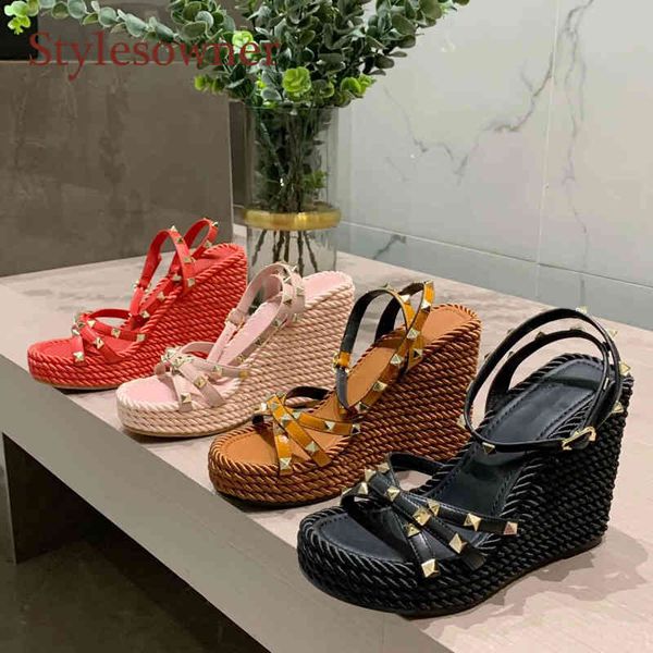 

80% off store online summer new style cross strap rivet woven wedge heel leather luxury brand selling high sandals for women, Black