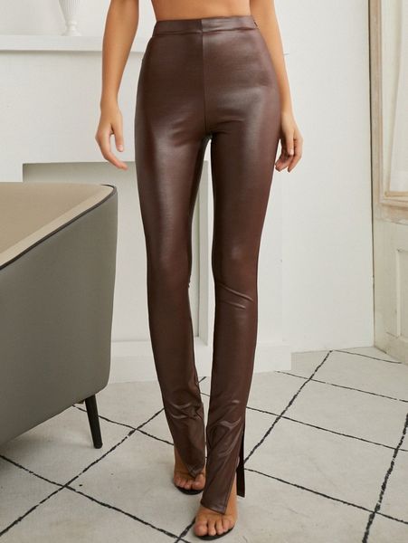 

sbetro zip side slit hem leather look pants z7b8#, Black;white