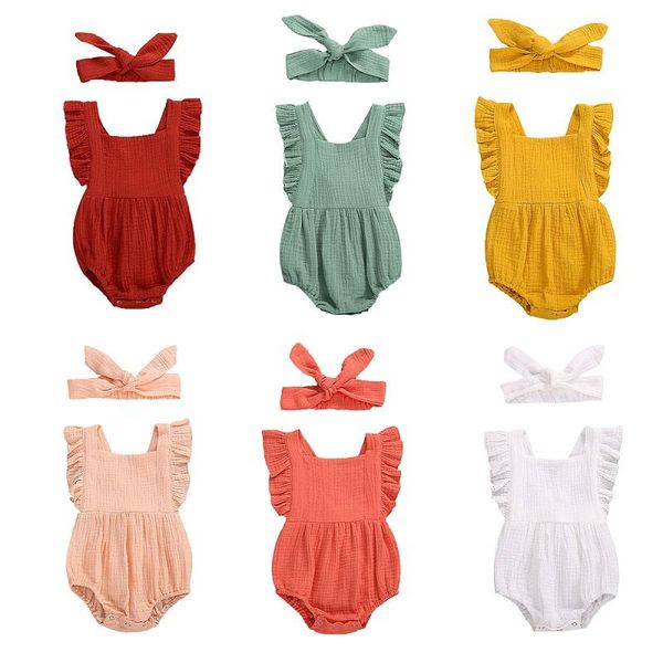 

rompers 0-24m baby girl clothes romper with headband, solid color square collar sleeveless ruffled bodysuit+ hairband for girls, Blue