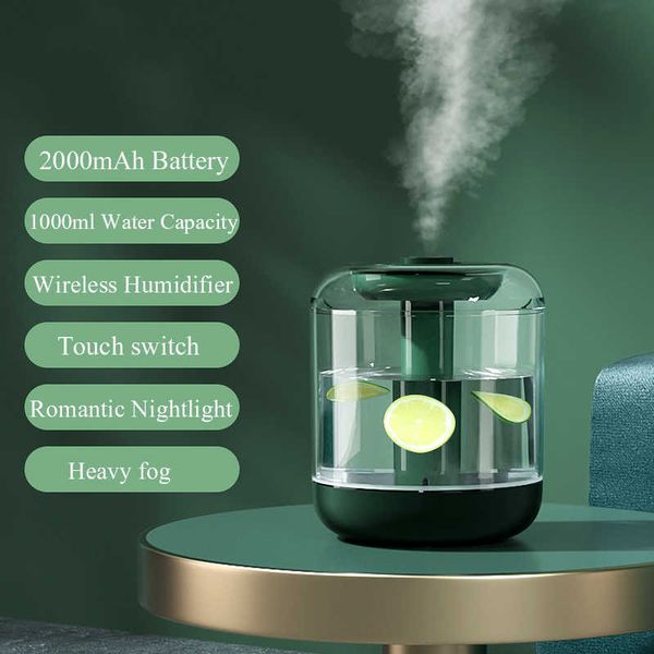 1L Wireless Air Humidifier Ultrasonic Fresco Névoa Maker Fogger 2000mAh Recarregável Bateria USB Difusor de Água com LED Light 210724