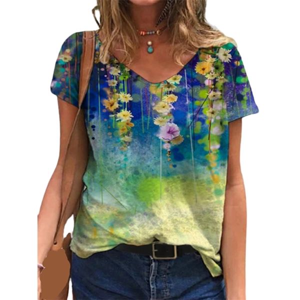 

women plus size 5xl floral 3d print t shirt loose v-neck short sleeve casual tee summer streetwear oversized ladies 210517, White
