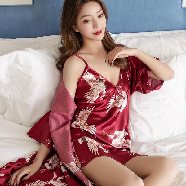 

women's sleepwear rayon 2pcs nightgown suit bride bridesmaid wedding dress lace nightdress casual sexy, Black;red