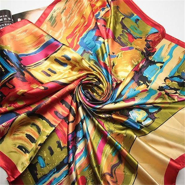 

scarves oil painting 90cm square scarf for women fashion female silk shawl wraps bandana head hijab brand ladies, Blue;gray