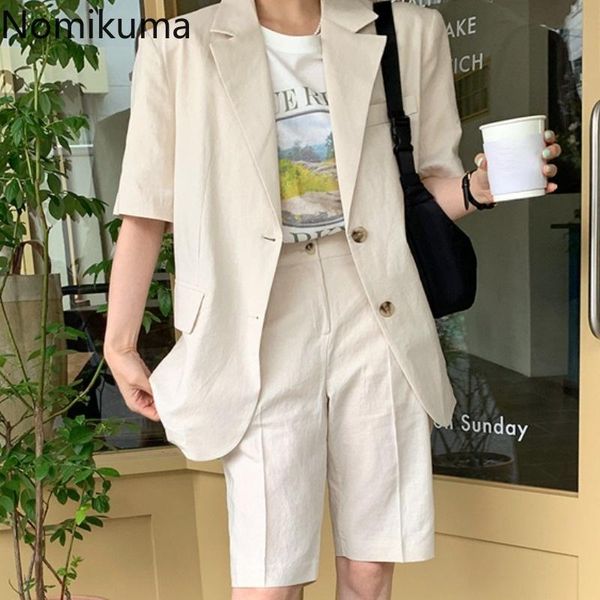 

women's tracksuits nomikuma korean chic women two piece set notched collar short sleeve blazer high waist shorts solid color vetement f, Gray