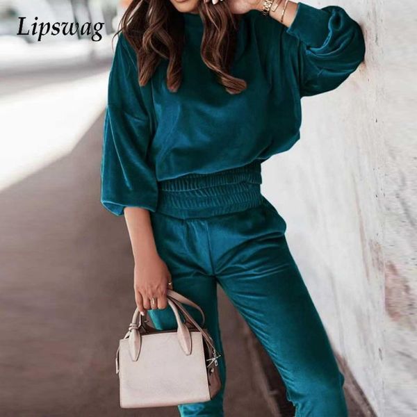 

women's two piece pants elegant soft velvet suits women autumn winter o neck pullover sweatshirt and long homewear set casual solid lad, White