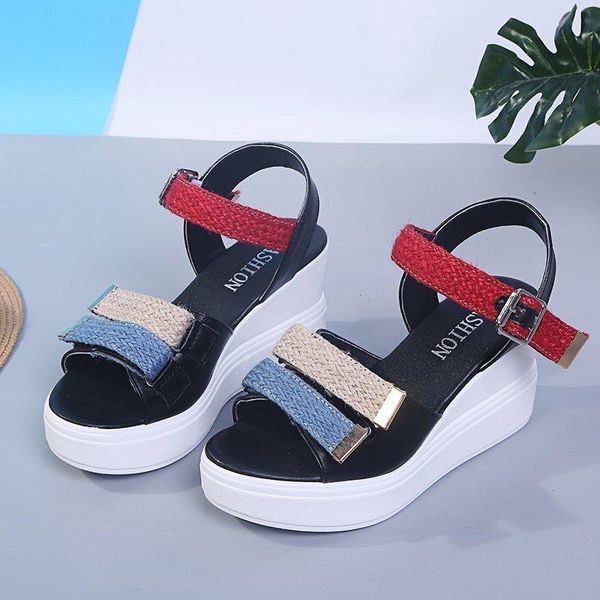 

dress shoes 2021 summer korean style wedge sandals female fashion color matching open toe casual women's, Black