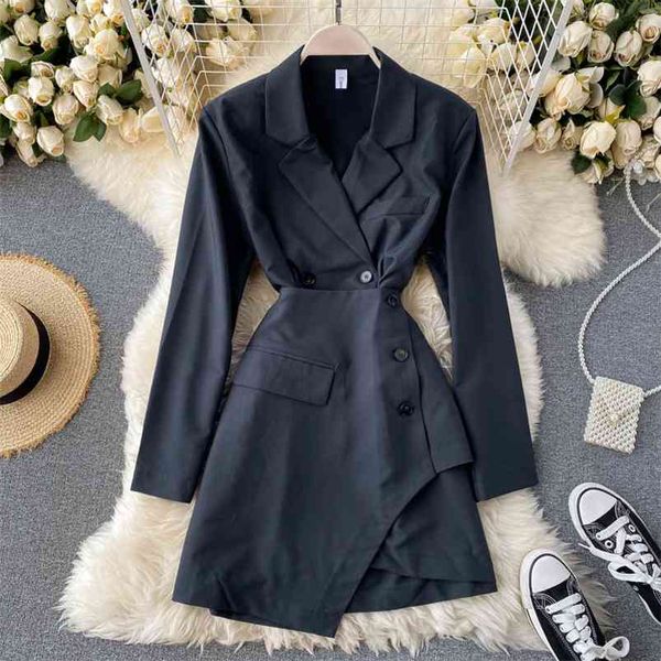 

women autumn korean irregular dress notched double-breasted long sleeve nipped waist fake two-piece chic vestidos gk426 210507, Black;gray
