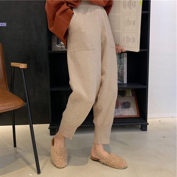 

women's pants & capris 2021 women autumn casual harem solid knitted high elastic waist loose wide leg trouser winter warm workwear carr, Black;white