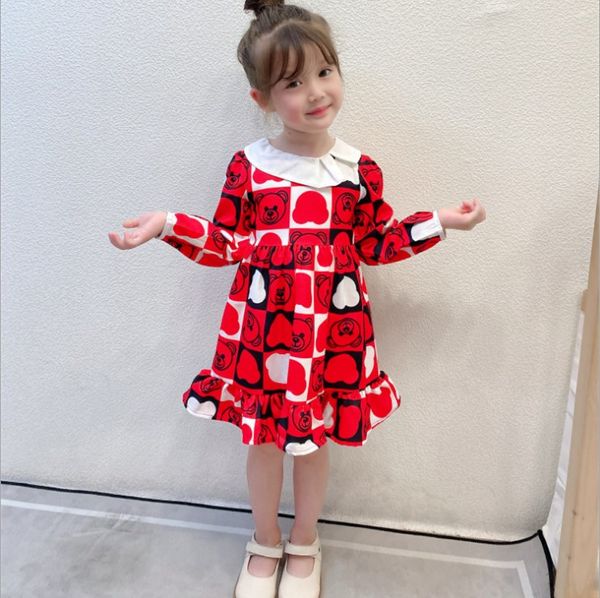

2021 girls designer dresses cute autumn winter kids cartoon long sleeve dress children doll collar lovely princess clothing s1195, Red;yellow