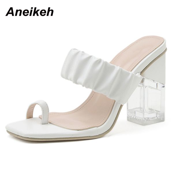 

pu summer women shoes slides casual fashion square heel concise pleated solid outside apricot size 35-41 210507, Black