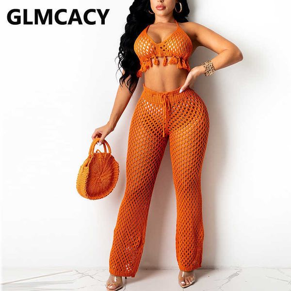 

two piece knitted summer suits halter backless crop & hollow out slim pants set 210702, White