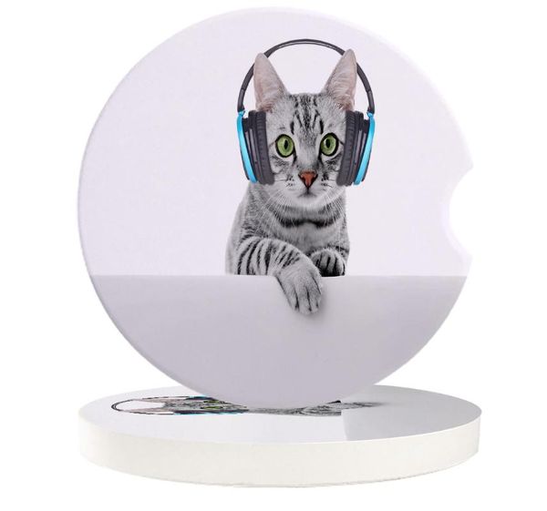 

table runner cats wearing headphones small round ceramic car coasters set for drinks coffee tea beverage cup holder