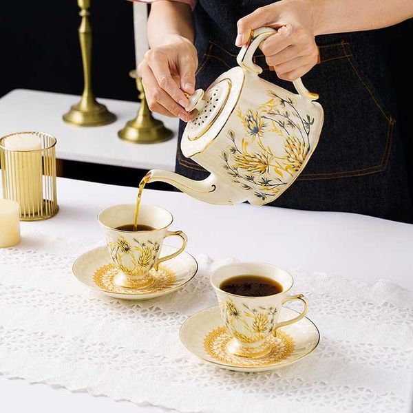 

mugs europe noble bone china teapot white gold coffee cup saucer set porcelain tea flower kettle cafe party drinkware home decor