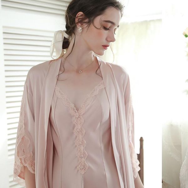 

women's sleepwear 2pcs nighty&robe set pink satin kimono bath robe gown women lace twinset intimate lingerie casual homewear nightdress, Black;red