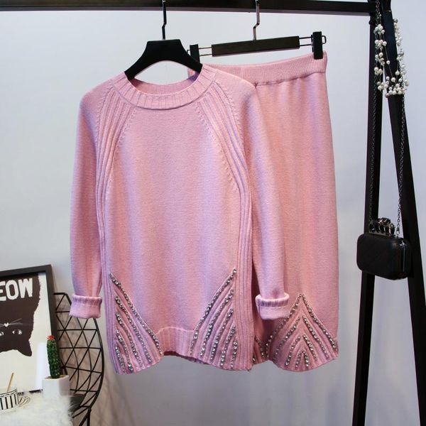 

two piece dress amolapha women handmade diamond knitting jumper + pencil skirts pieces sets loose knitted sweater suits, White