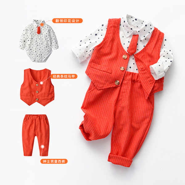 

childrens clothing 2022 new product baby boy three-piece suit comfortable cotton full moon one-year-old dress gentleman, White