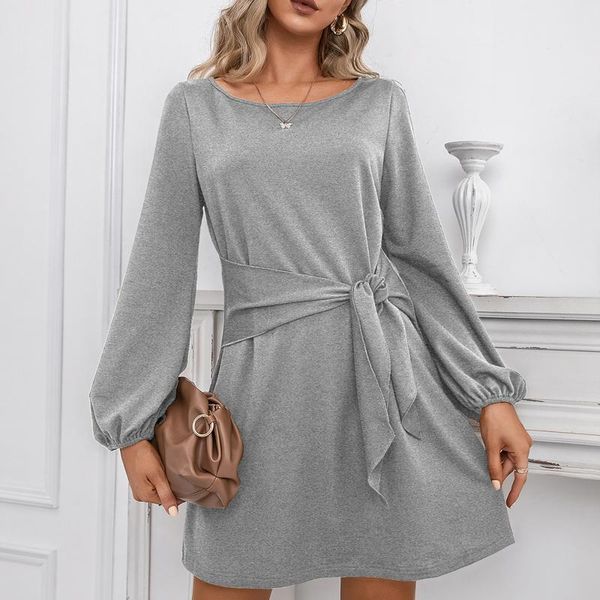

casual dresses summer women's dress 2021 women lantern sleeve long pure color mini o neck lace-up party elegant, Black;gray