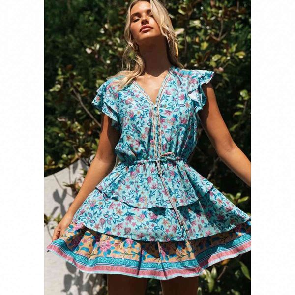 Inspirado Bela Teal Multi Imprimir Dress Layered Ruffle Dres Dres Mulheres Botões V-Pescoço Novo Vestido de Verão Chic Vestido 210412
