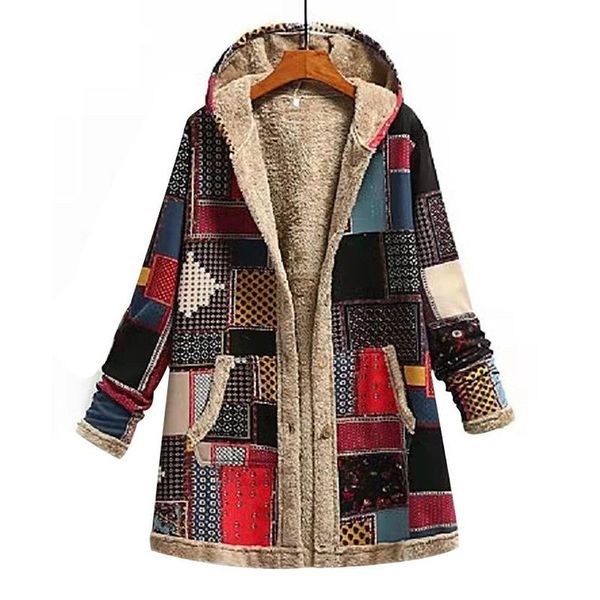 

women's jackets women autumn winter vintage coat pocket warm plaid print fleece hooded ladies outwear coats cardigan, Black;brown