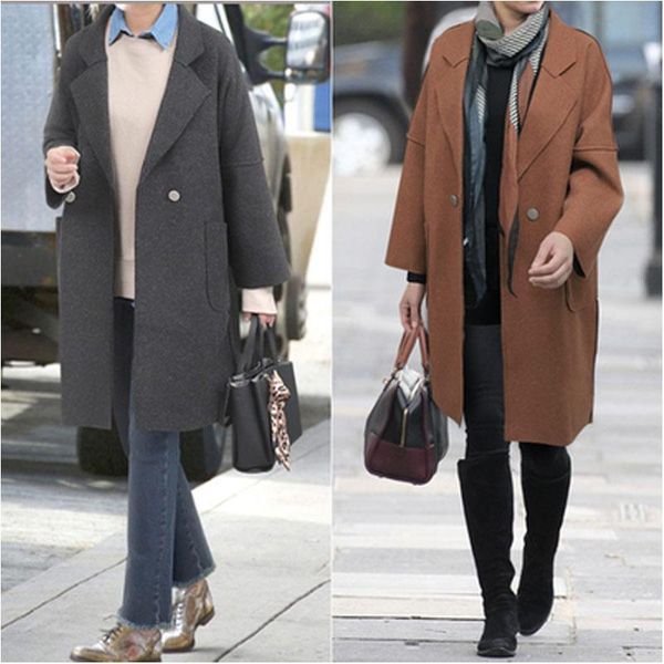 

women's wool & blends plus size 4xl women jackets 2021 autumn winter ladies outerwear wool&blends loose basic coats long sleeve mid-lon, Black