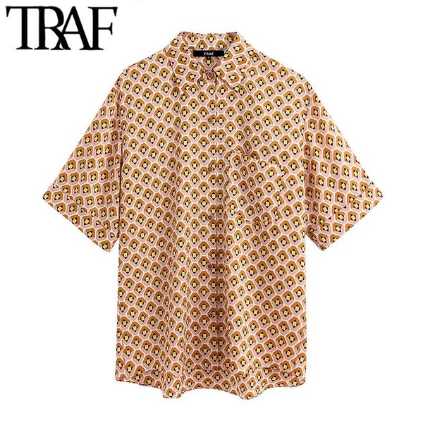 

traf women fashion geometric print pocket blouses vintage lapel collar short sleeve female shirts blusas chic 210415, White