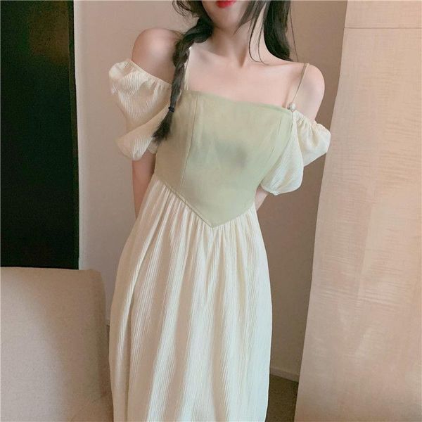 

casual dresses french sweet gas dress summer bubble short-sleeved square collar one word shoulder high waist stitched back midi, Black;gray