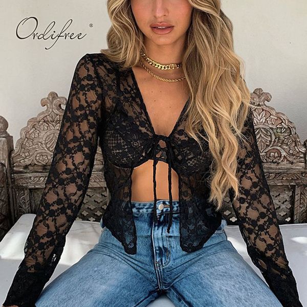 

summer women cardigan up see through long sleeve black lace 210415, White