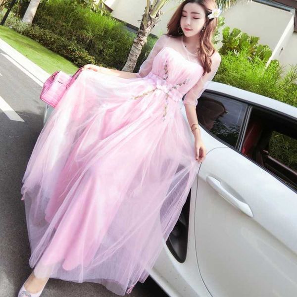 

spring sweet mesh floral embroidery long women dress elegant half sleeve high waist party fairy femme vestidos robe 210526, Black;gray