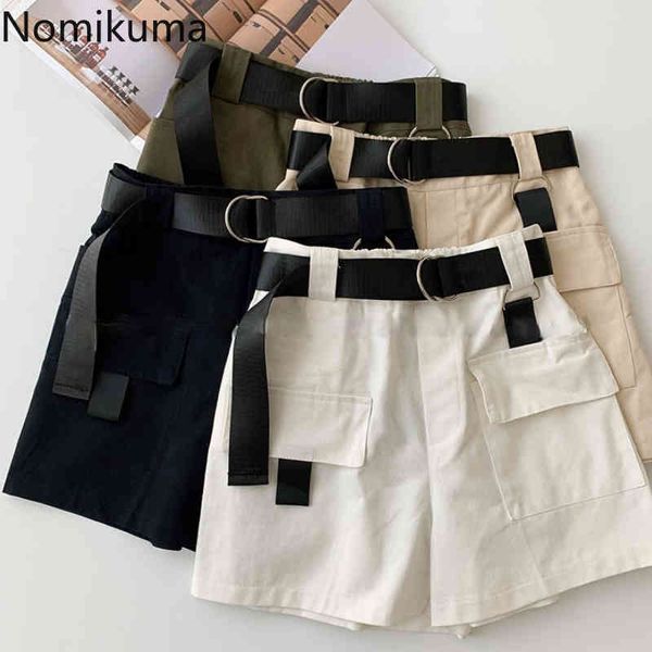 

nomikuma harajuku high waist shorts women solid color pockets casual loose short pants summer korean pantalones with sashes 210514, White;black