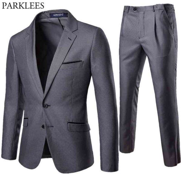 Hommes 2 pièces pied de poule élégant costumes avec pantalon marque Slim Fit simple boutonnage formel affaires robe costume hommes pour mariage 5XL 210522