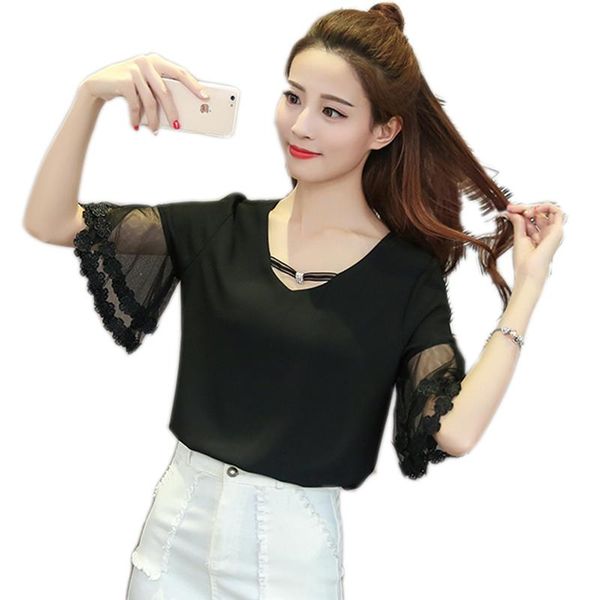 

women's blouses & shirts korean summer shirt for women mesh butterfly sleeved chiffon blouse v-neck elegant, White
