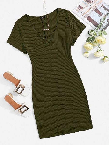 

plus notch collar rib-knit solid dress y5ft#, Black