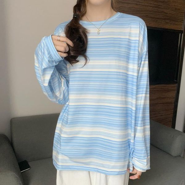 

women's t-shirt 2021 korean fashion women vintage striped long sleeve t shirt female o neck thin loose spring autumn tee t-shirts femm, White