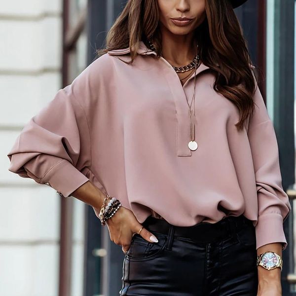 

women's blouses & shirts 40#women's blouse casual long sleeve solid elegant turn-down collar button spring vintage pullover blusa, White