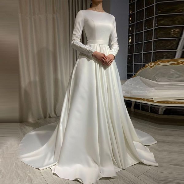 Einfache weiße lange Ärmel Satin Brautkleid 2022 muslimische Brautkleider Vestidos De Novia Gelinlik Perlen Perlen Hofzug koreanische Braut Kleider