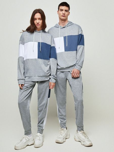 

1pc drop shoulder drawstring colorblock hoodie & 1pc sweatpants 3132#, Gray