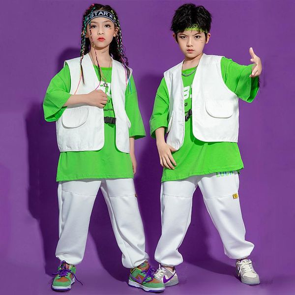 

stage wear kids jazz dance costume hip hop street clothes white vest pants green t-shirt for boys girls ballroom dancing bl6354, Black;red