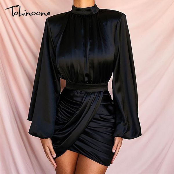 

tobinoone short party dress puff sleeve single pleated sheath mini dress black ladies nightclub wear long sleeve women dress, Black;gray