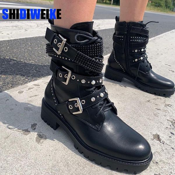 

boots women retro metal buckle soft leather zipper ankle ladies shoes botines mujer 2021 ac005, Black