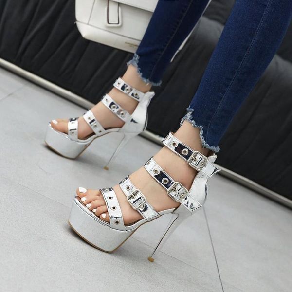 

woman high heels sandals party shoes for women buckle strap metal decoration punk ladies stiletto platform heel, Black