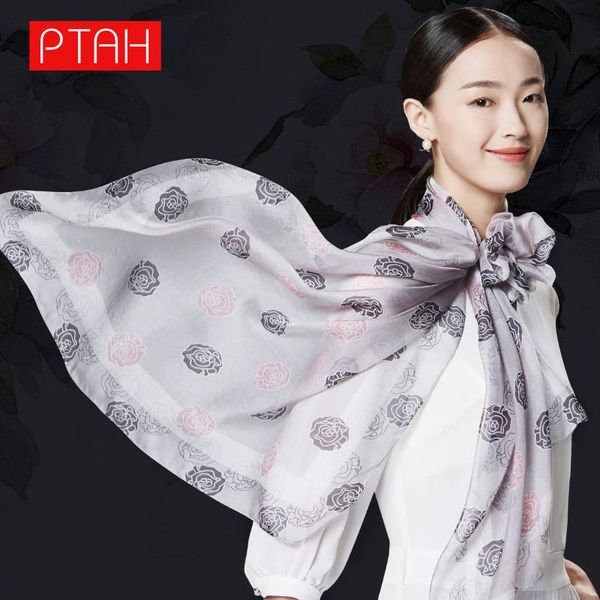 

scarves [ptah]temperamen 100% mulberry silk scarf ladies lightweight small square breathable digital printed 180*65cm, Blue;gray