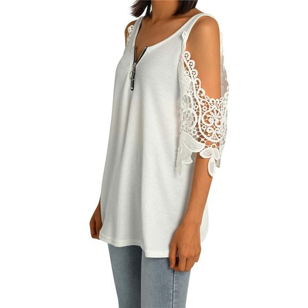

women's t-shirt women summer casual solid color lace hollow with zipper decorationstyle loose long tee, White