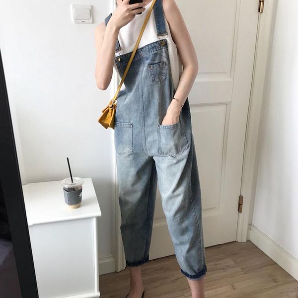 

women's jeans soft lovely age-reducing loose student bib women, Blue