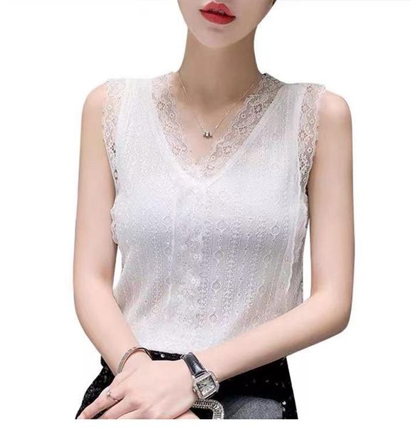 

summer v-neck sleeveless lace waistcoat slimming women's tanks & camis, White