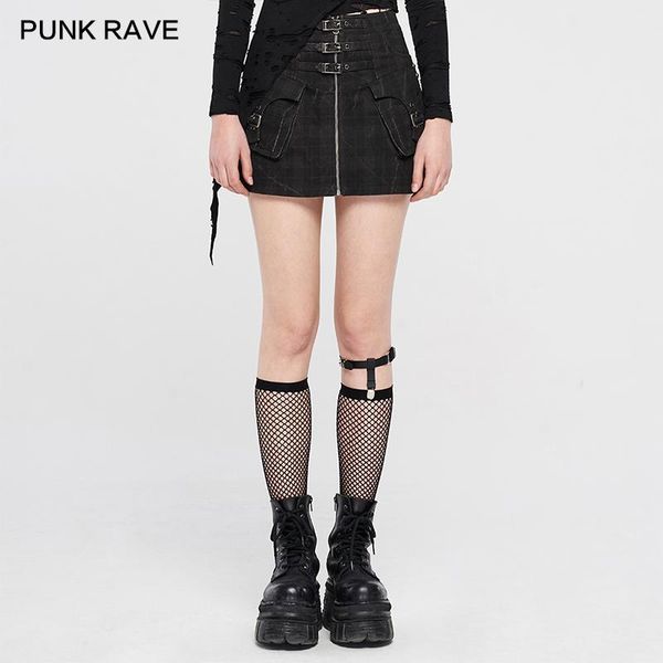 

women's punk personality camouflage plaid a-line hem skirt zippers decorative playful women mini skirts, Black