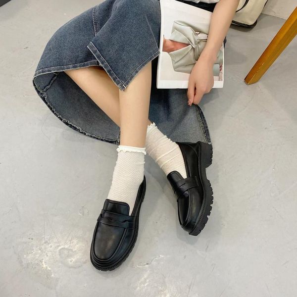 

dress shoes spring female british style 2021 thick-soled college casual loafers genuine leather fashion girls, Black