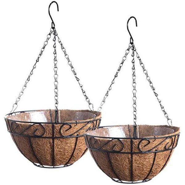 

other garden supplies metal hanging planter flower basket with coco coir liners 10inch round wire outdoor porch balcony decor, set of 2