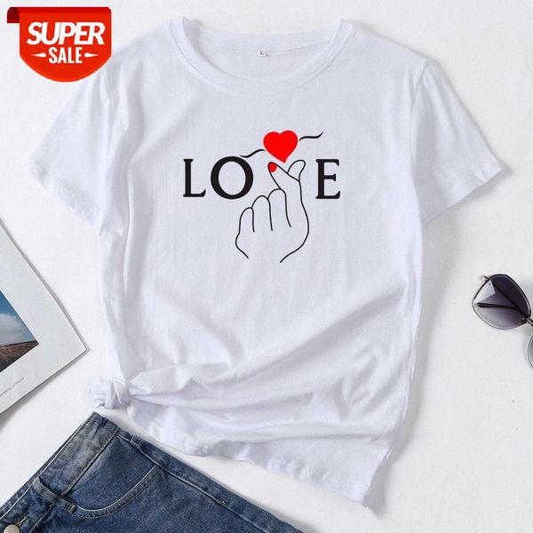 

t-shirt loose than heart love cute print women's bottoming shirt short-sleeved #vs9h, White