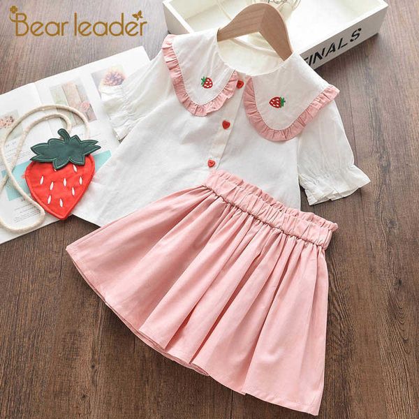 

bear leader children's clothing sets fashion girls stawberry summer clothing sets embroidery t-shirt and dress cute outfits 210708, White